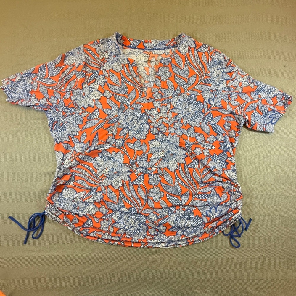 Lands End Womens 1X Orange Blue Floral Swim Tee Rash Guard Side Tie 449867 2438